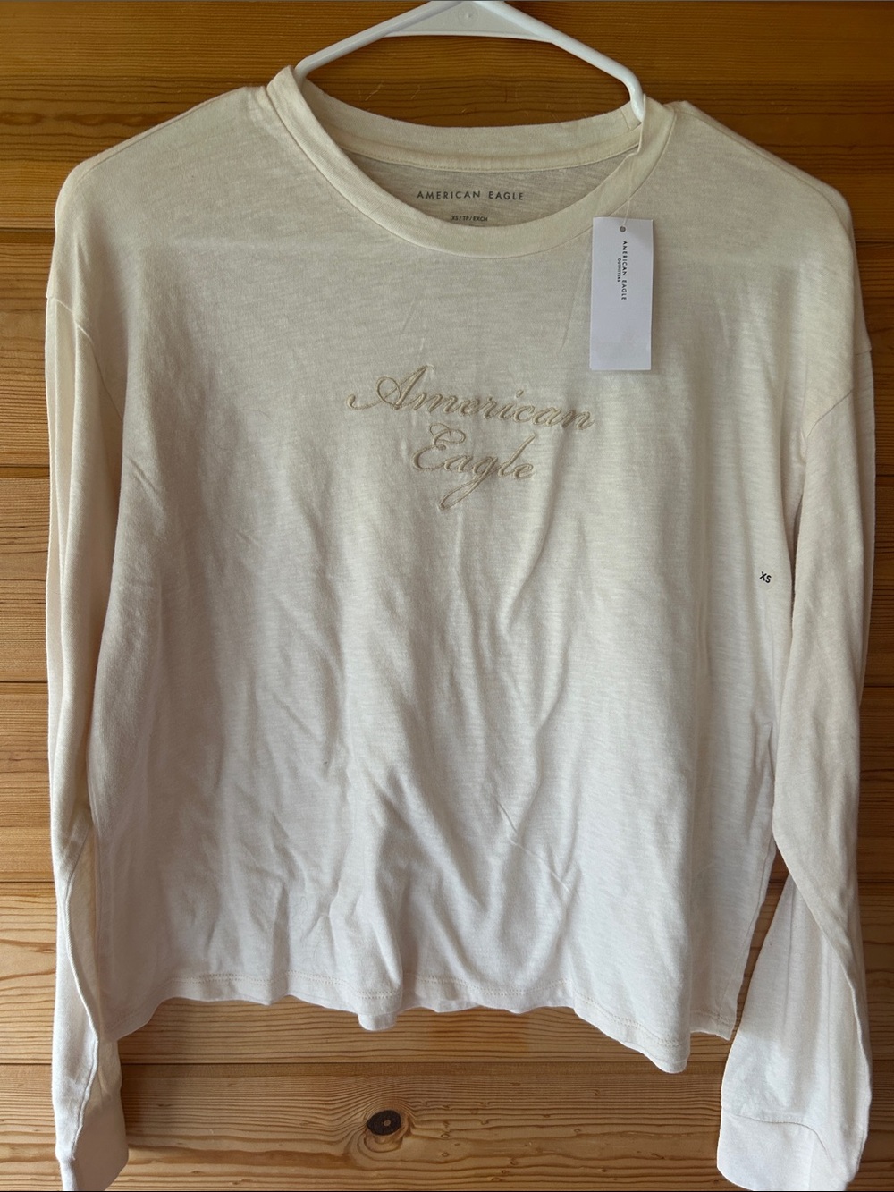 American Eagle Outfitters Cream Long Sleeve Embroidered Logo Tee